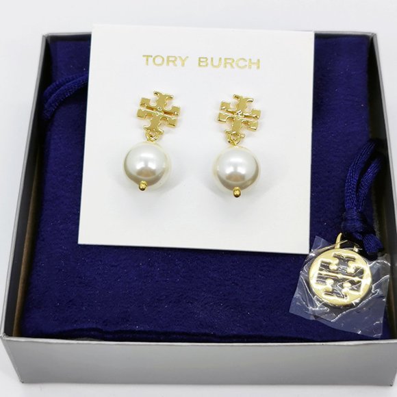 Tory Burch Crystal Faux Pearl Crystal Earrings in Gold with pouch